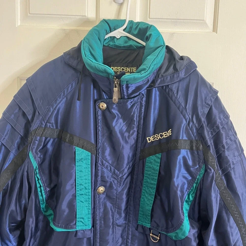 VTG Descente Men's Navy Teal Ski Snowboard Jacket Hooded Zip Up‎ Winter size XL